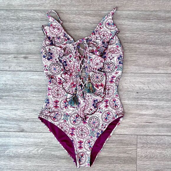 Goldenpoint Women's Multicolor Open Back Lace Up Ruffle Swimsuit Size‎ 2 - Picture 1 of 9